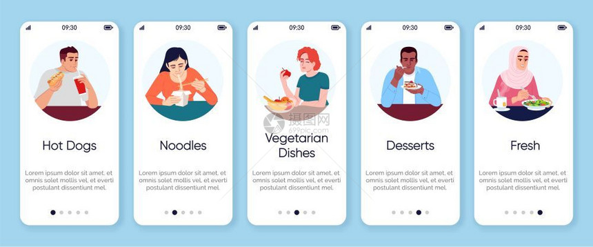 餐饮菜单通过网站步骤配有平板字符素食点心和甜智能手机卡通uxig图片
