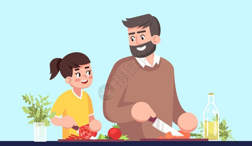 切好蔬菜爸爸和女儿切蔬菜制作沙拉插画