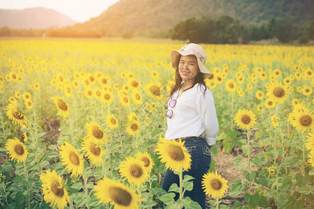 快乐的农民或业工人在阳光明媚的日葵田图片