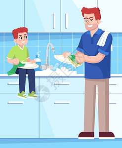 家长和孩子一起洗碗做家务图片