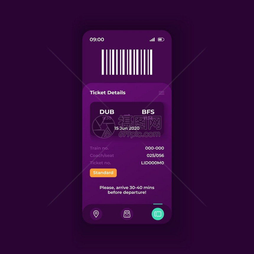 智能手机界面矢量模板移动应用程序页面黑暗主题设计布局电子票信息屏幕用于应程序的平面详情见电话显示图片