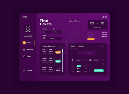 找到入场券应用程序平板接口矢量模移动应用程序页面夜间模式设计布局用户账带有旅行列表屏幕用于应程序的平面ui便携式设备显示背景图片