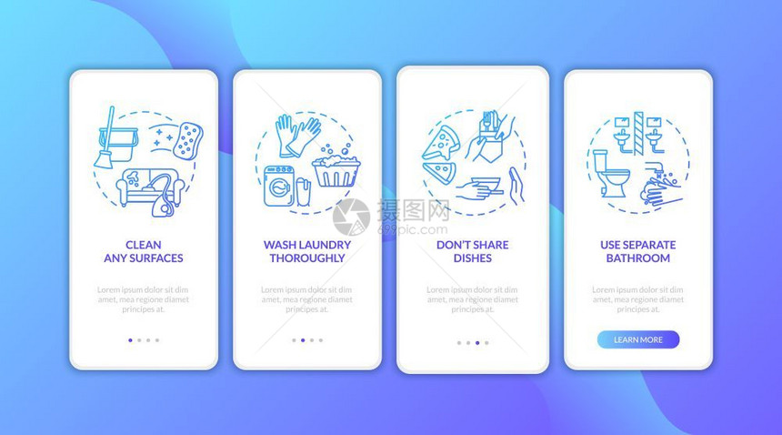 包含概念的移动应用程序页面屏幕上的家庭工作提示清洁表面分开的卫生间横穿四步的图形指示ui矢量模板配有rgb颜色插图图片