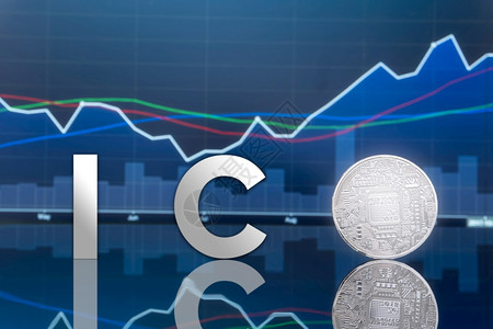 票交所最初的硬币和数字象征投资概念实物金属数字硬币背景中为蓝色全球贸易交所市场价格图表背景