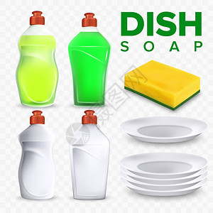洗碗海绵收集洗碗配件装有液体肥皂和烘干设备瓶子陶瓷碗厨房用意切实际的三维插图洗碗板和海绵矢量插画