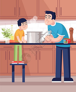 父亲和儿子一起煮饭矢量插图图片