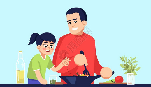 父亲和女儿 在厨房里一起烹饪的卡通矢量插画图片