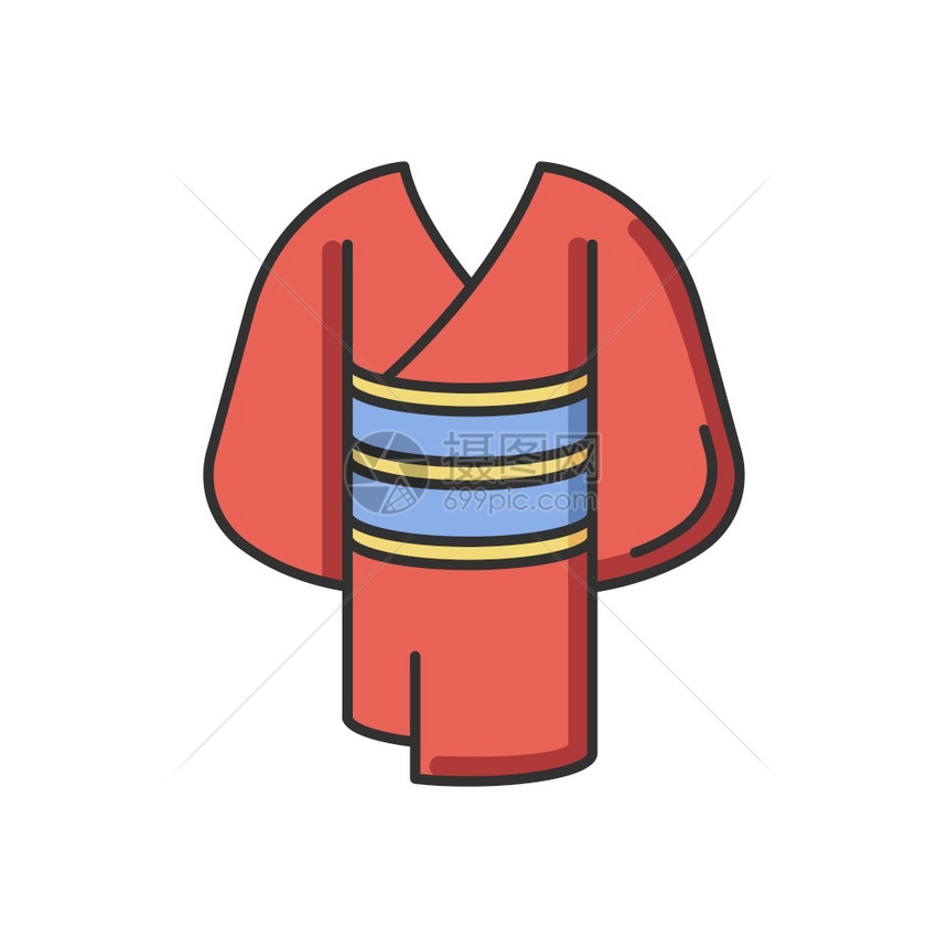Kimon红色Rgb彩图标传统的日本服饰上面带东方yukat种族亚裔衣着Maiko服装中京都孤立的矢量图图片