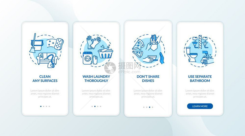 包含概念的移动应用程序页面屏幕上的家庭咨询清洁表面彻底洗横穿四步的图形指示ui矢量模板配有rgb颜色插图图片