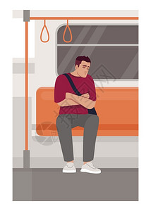 在地铁上睡觉的男青年卡通矢量插画图片