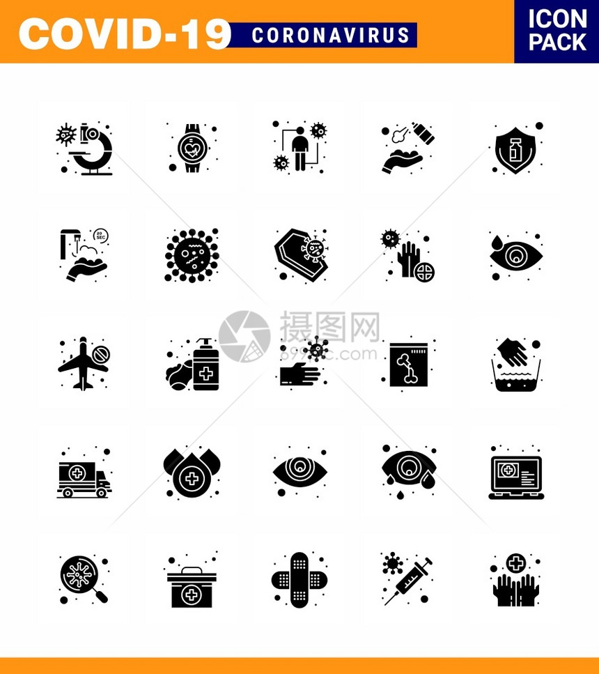 用于演示洗涤清洁智能手表酒精植入冠状2019NV病媒设计元素的25个固晶体图标图片
