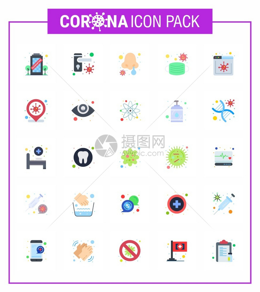 Corna2019年和流行病5个平板彩色图标包如新闻安全寒冷医疗面对Corna2019Nov病媒设计要素图片