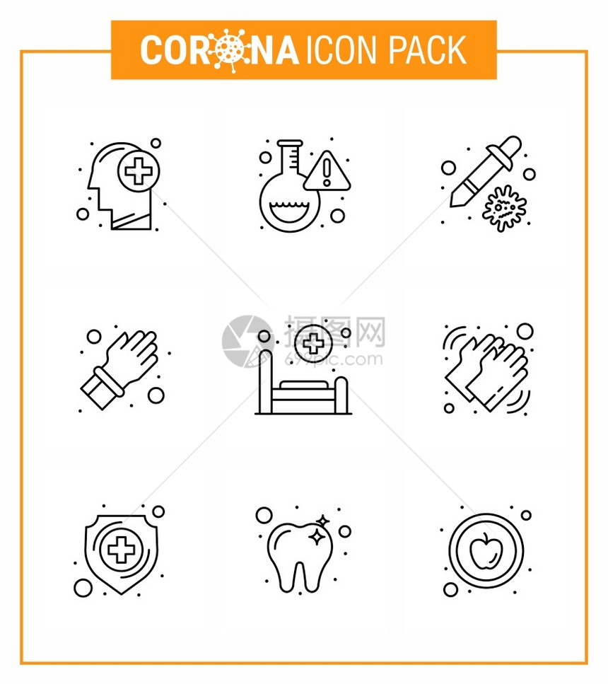 9行的科罗纳流行图标如医院护理滴器防护手套冠状2019Nov病媒设计要素图片