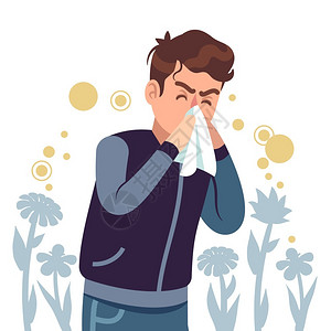 鼻子堵塞春季过敏症状疾病流痒和喷嚏咳嗽拉慢保健问题病固定媒概念喷嚏人保健问题插画