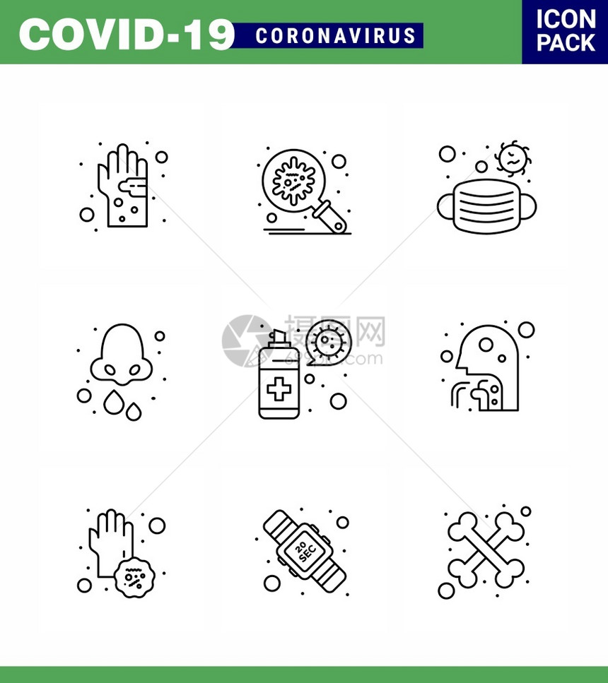 为投影过敏防护安全蒙面冠状2019NV病媒设计要素等9行插图包设定的共生19个图标图片