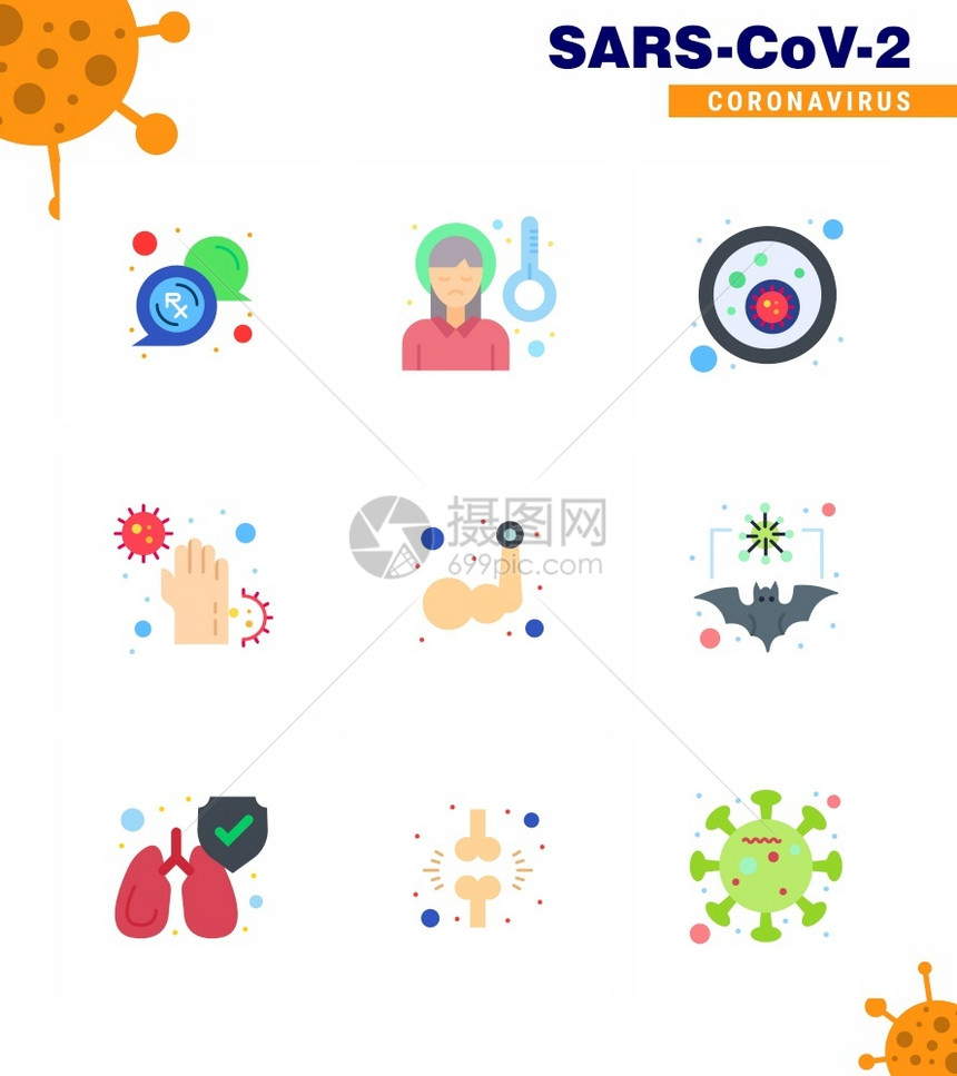 为避免受伤而提供的共存19小费张彩色图标用于展示感染疾病发烧肮脏毒冠状2019NV病媒设计要素图片