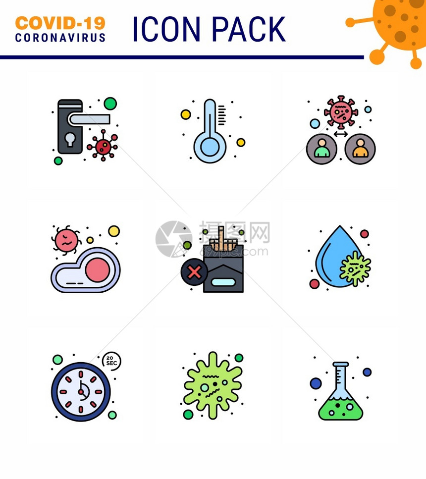 与肉类细菌食物冠状2019年新媒设计要素等相关的9种填充直线平面彩色图标冠状流感图片