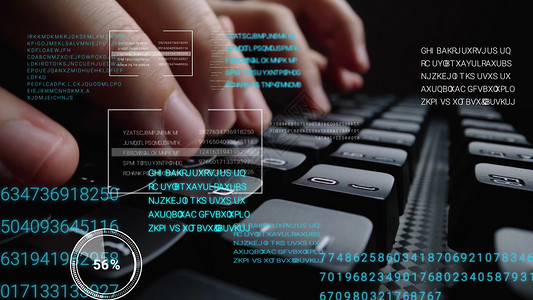 搜索动画素材从事膝上型计算机键盘工作的男子该键盘配有图形用户界面全息图显示大数据科技字网络连接和计算机编程法的概念背景
