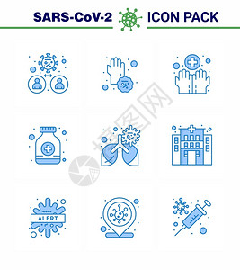 2019医药峰会25个科罗纳紧急图标设置蓝色计如医药糖浆疾病药丸科罗纳2019NV病媒设计元件等插画