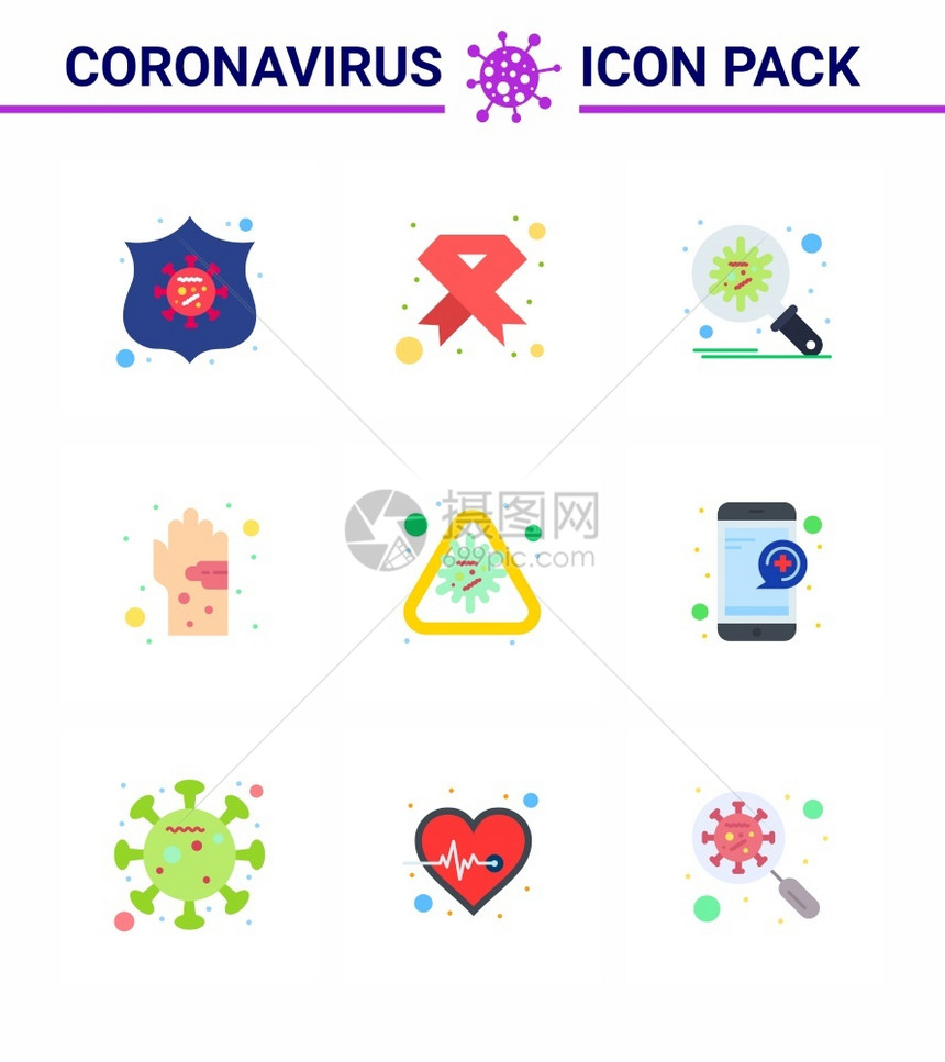 9套冠状流行象标如细菌丝带传播保护冠状2019NV病媒设计要素等9套扁色的冠状流行象标图片