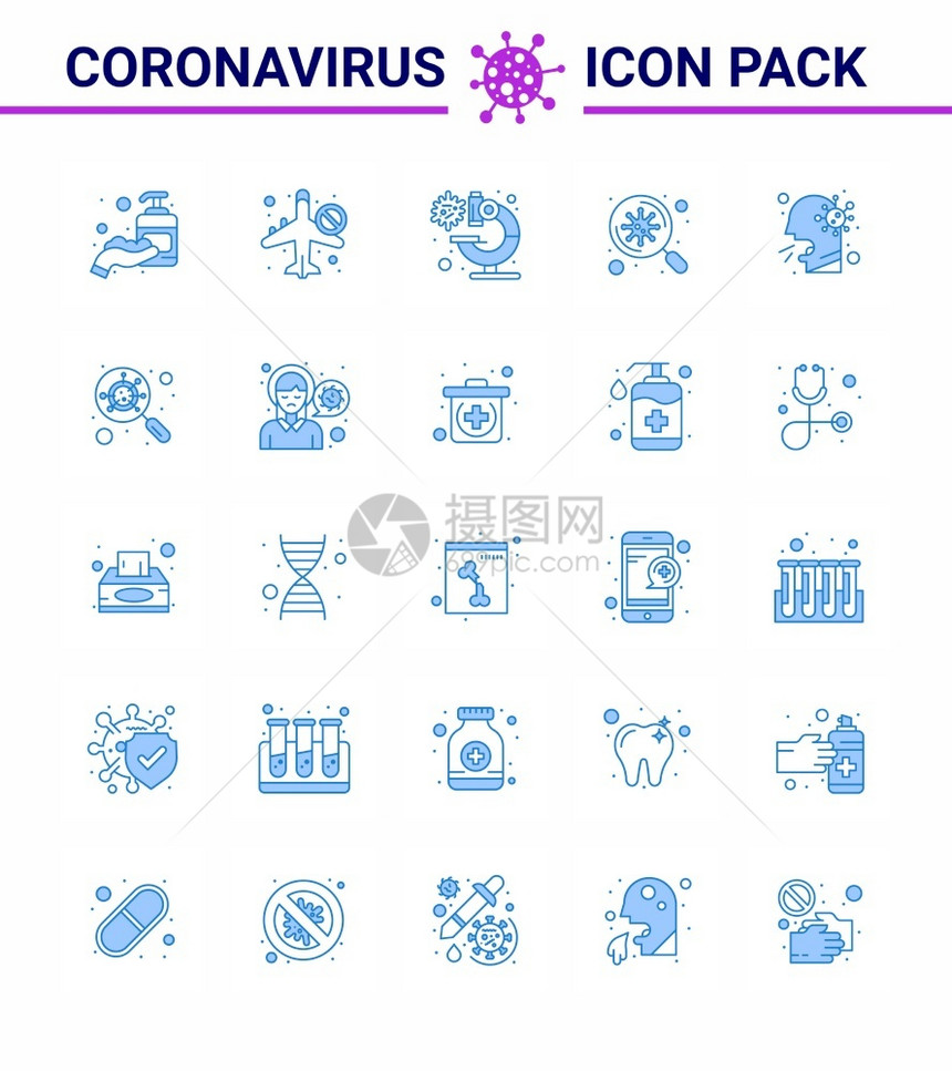 25个蓝图标包括咳嗽气旋搜索冠状2019Nov病媒设计要素图片
