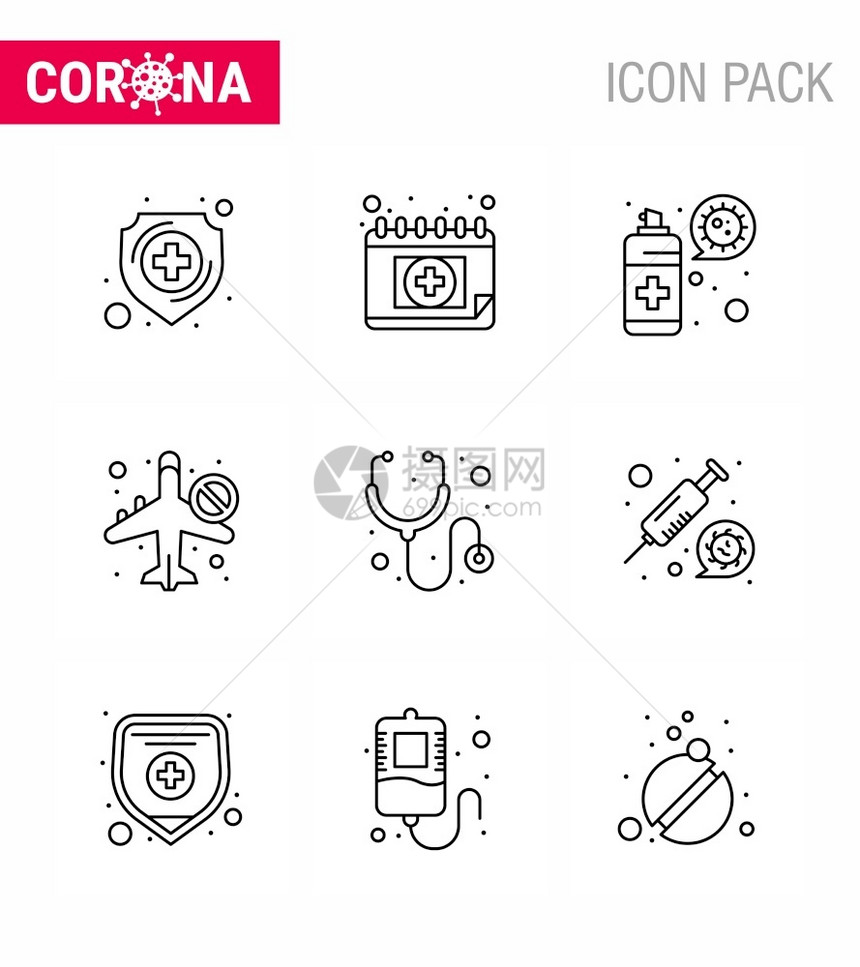 Corna认识图标9线包括保健不允许清洁禁用红外共冠2019Nov病媒设计要素图片