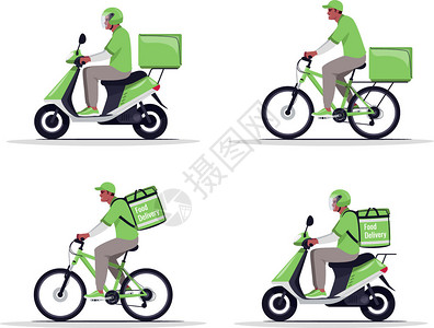 绿色摩托车元素配送食品的外卖员卡通矢量元素插画