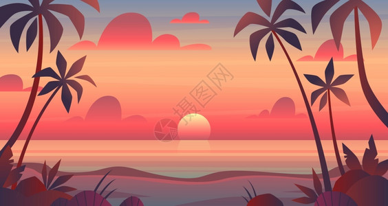 巴厘岛金巴兰海滩海洋日落棕榈树全景矢量图插画