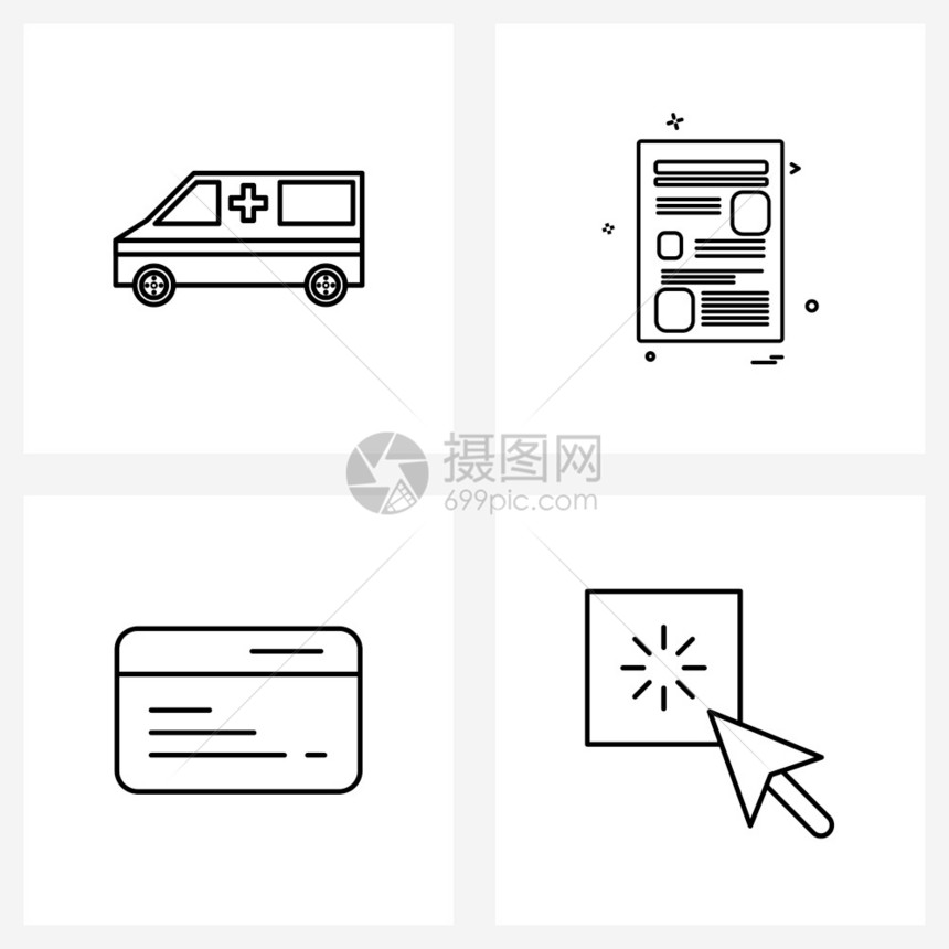 现代风格由4行象形电网式救护车通信文件用卡支持矢量说明组成图片