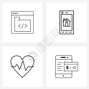 现代风格由基于4行象形图网格的浏览器租金开发房屋心脏如形矢量插图组成图片