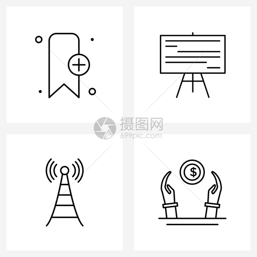 现代风格由基于4行象形图网格加派丝带商业通信矢量图示的4行象阵列组成图片