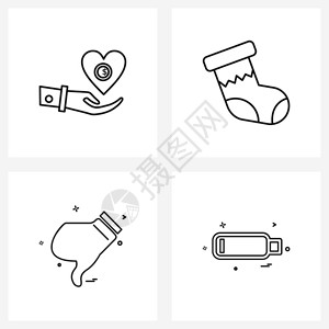 现代风格由4行象形网格的心脏不喜欢手庆祝电池矢量插图组成图片