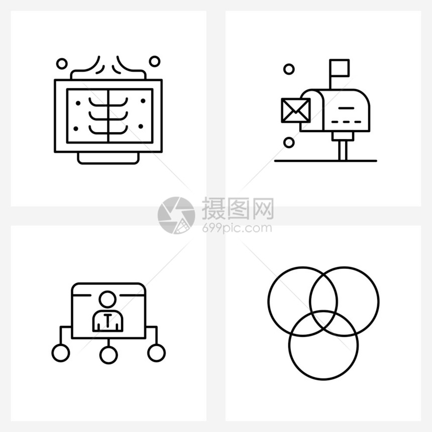 4行符号集用于为射线通信医疗舱箱圆形矢量图解图片