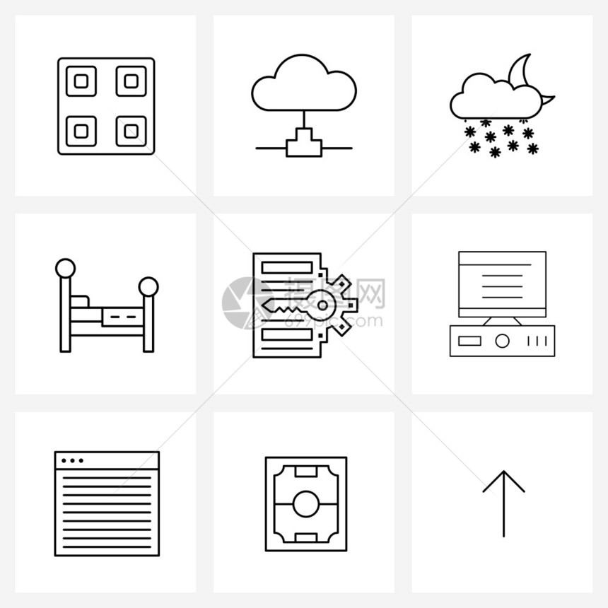现代风格由9行象形图网格文档睡眠降雪室内床矢量图示组成的现代风格图片
