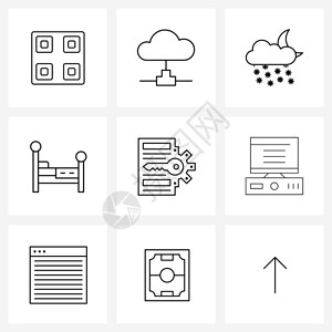 现代风格由9行象形图网格文档睡眠降雪室内床矢量图示组成的现代风格图片