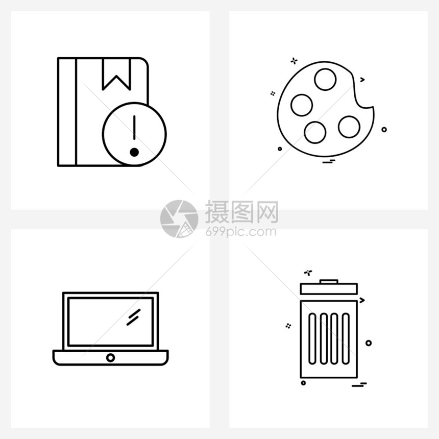 现代风格由4行象形图网格书计算机警报颜色垃圾矢量插图组成的现代风格集图片