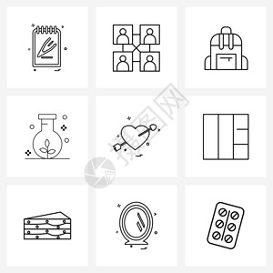 用于心脏爱包科学生态矢量插图的9条线符号集图片