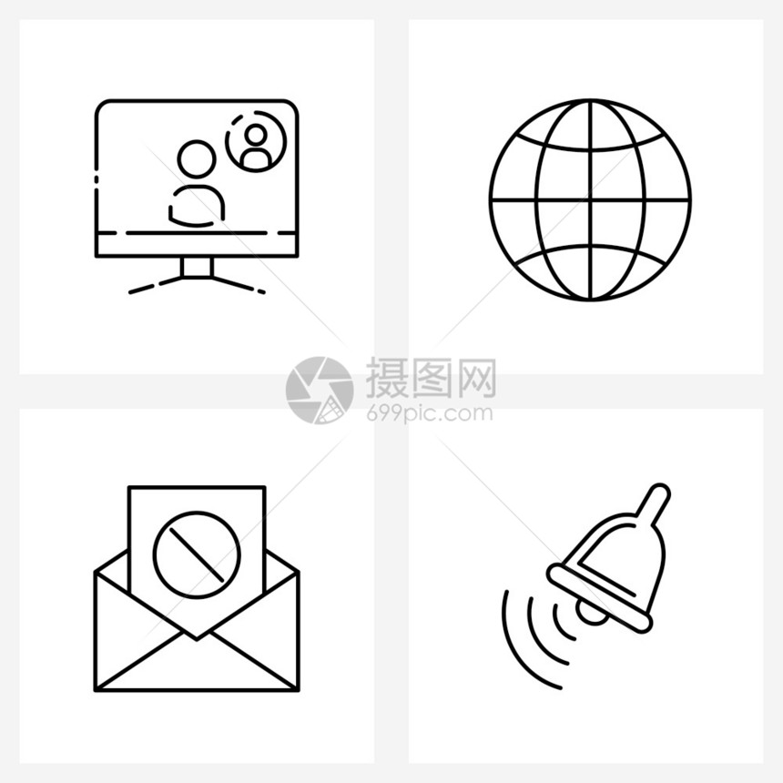 现代风格由4行象形图网格基视频呼叫信息全球电子邮件铃声矢量图示组成图片