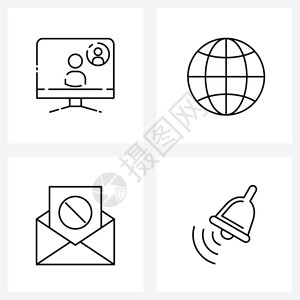 现代风格由4行象形图网格基视频呼叫信息全球电子邮件铃声矢量图示组成图片