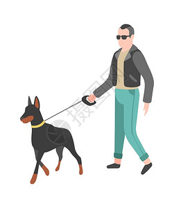 牵着狗散步的男人图片