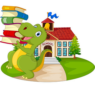 幼儿园小素材恐龙在前学校大楼里携带着一堆书插画