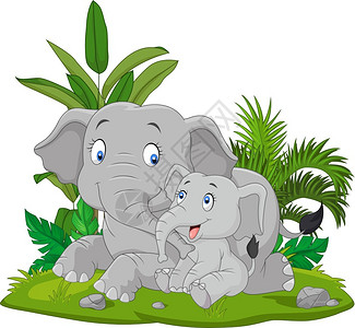 草地上的卡通母亲和婴儿大象图片