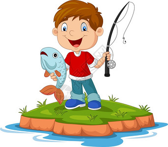 石斑鱼快乐的卡通小男孩钓鱼插画