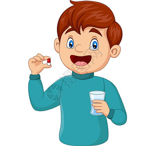 一粒胶囊拿着一粒药片和一杯水的卡通男孩插画