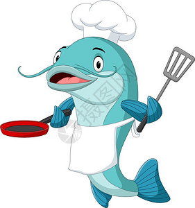 油炸野生鱼干卡通鱼厨师拿着煎锅插画