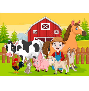 农艺师卡通农民和农场动物插画