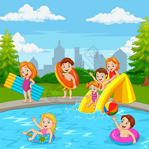 小游泳池卡通快乐家庭在游泳池玩插画