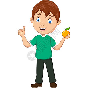 卡通小男孩拿着橙子举起拇指图片