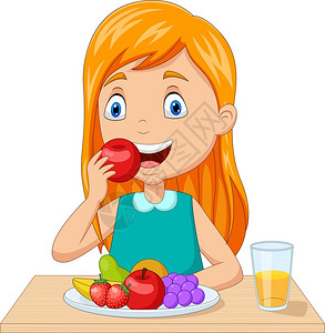 年轻的苹果女孩在餐桌上吃水果插画