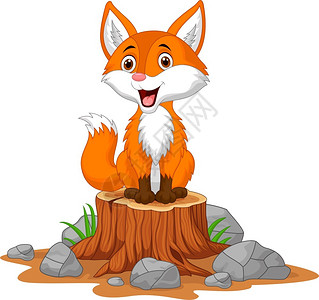 亮橙色的小狐狸卡通快乐狐狸坐在树桩上插画